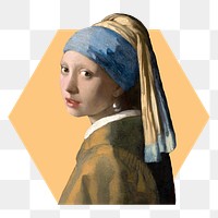 Png Girl with a Pearl Earring badge sticker, Johannes Vermeer's famous artwork in hexagon badge, transparent background, remixed by rawpixel