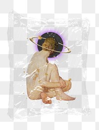 Naked woman png with halo plastic bag sticker, aesthetic concept art on transparent background