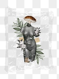 Png floral nude woman statue plastic bag sticker, collage concept art on transparent background