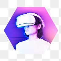 Png woman wearing vr glass, metaverse concept, hexagon badge in transparent background