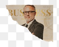 Successful businessman png sticker, ripped paper, business photo, transparent background