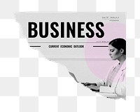 Businesswoman png typing on laptop sticker, ripped newspaper, business headline, transparent background