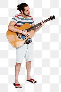 Png man playing acoustic guitar sticker, transparent background