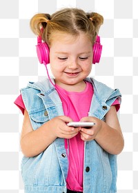 Png little girl streaming music sticker, transparent background