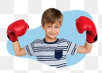 Kid boxer png badge sticker, sport photo in blob shape, transparent background