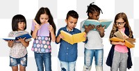 Kids reading books png sticker, transparent background