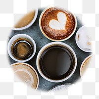Coffee cups png badge sticker, drinks photo in blur edge circle, transparent background
