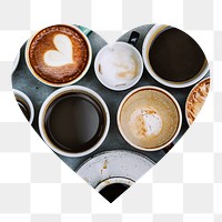 Coffee cups png badge sticker, drinks photo in heart shape, transparent background