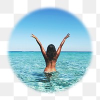 Png carefree woman at the beach badge sticker, Summer photo in blur edge circle, transparent background