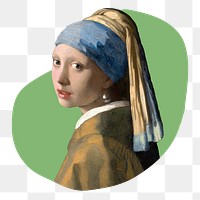 Png Girl with A Pearl Earring badge sticker, Johannes Vermeer's famous artwork in blob shape, transparent background, remixed by rawpixel