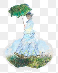 Png Woman with a Parasol sticker, Claude Monet painting in torn paper badge, transparent background, remixed by rawpixel 