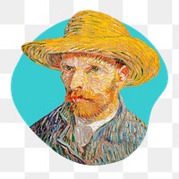 Png Van Gogh's Self-Portrait with a Straw Hat badge sticker, vintage illustration in blob shape, transparent background, remixed by rawpixel