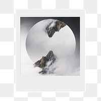 Png foggy mountain peaks sticker, nature  instant photo, transparent background