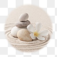 Zen stones png badge sticker, wellness photo in blur edge circle, transparent background