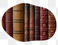 Png leather book spines badge sticker, library photo in blob shape, transparent background