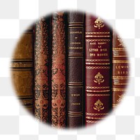 Png leather book spines badge sticker, library photo in blur edge circle, transparent background