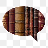 Png leather book spines badge sticker, library photo in speech bubble, transparent background