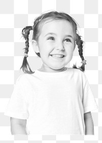 Png smiling little girl sticker, black and white, transparent background