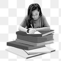 Woman writing png sticker, education black and white, transparent background