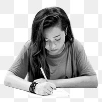 Png girl taking test sticker, education black and white, transparent background