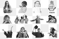 People in education png stickers, halftone design, transparent background set