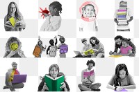 People in education png stickers, color accent, transparent background set