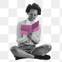 Png woman reading book sticker, education color pop design, transparent background