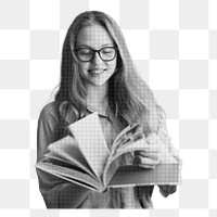 Png young woman reading book sticker, education black and white, transparent background