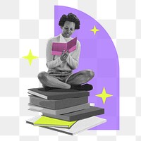 Reading png sticker, geometric mixed media, transparent background