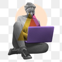 Png woman working on laptop  sticker, geometric mixed media, transparent background