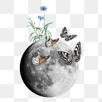 Moon & butterflies png sticker, mixed media transparent background