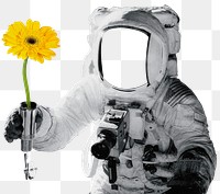 Astronaut collage png sticker, sunflower transparent background