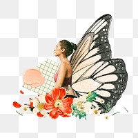 Woman meditation png sticker, butterfly wing mixed media transparent background