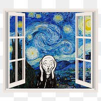 The Scream png sticker, Starry Night window, famous painting remixed by rawpixel, transparent background