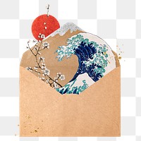 Collage envelope png sticker, Hokusai's artwork remixed by rawpixel, transparent background