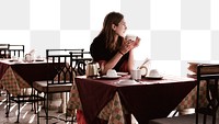 Png woman at cafe terrace border, transparent background