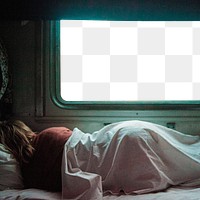 Png sleeping woman in train sticker, transparent design