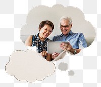 Senior couple png sticker, planning retirement, speech bubble graphic, transparent background