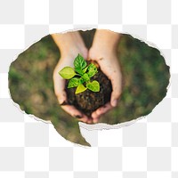 Png hand cupping plant paper speech bubble sticker, environment concept on transparent background