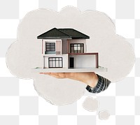 Mortgage png speech bubble sticker, hand presenting house model image on transparent background