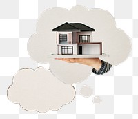 Mortgage png speech bubble sticker, hand presenting house model image on transparent background