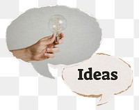 Ideas png speech bubble sticker, hand holding light bulb on transparent background
