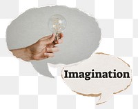 Imagination png speech bubble sticker, hand holding light bulb on transparent background