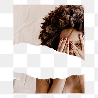 Afro woman png covering face ripped poster, mental health concept on transparent background