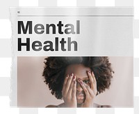 Mental health png newspaper sticker, woman covering face image on transparent background