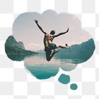 Carefree man png sticker, jumping, speech bubble, travel concept image, transparent background