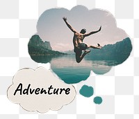 Adventure speech bubble, carefree man jumping by a lake image, transparent background