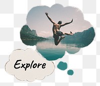 Explore speech bubble, carefree man jumping by a lake image, transparent background