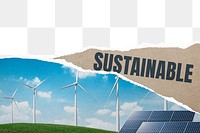 Sustainable environment png border, transparent background, ripped paper craft with wind turbine farm image