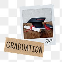 Graduation cap png, scroll instant photo on transparent background